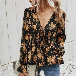 Floral Print Tie Front Peplum Blouse